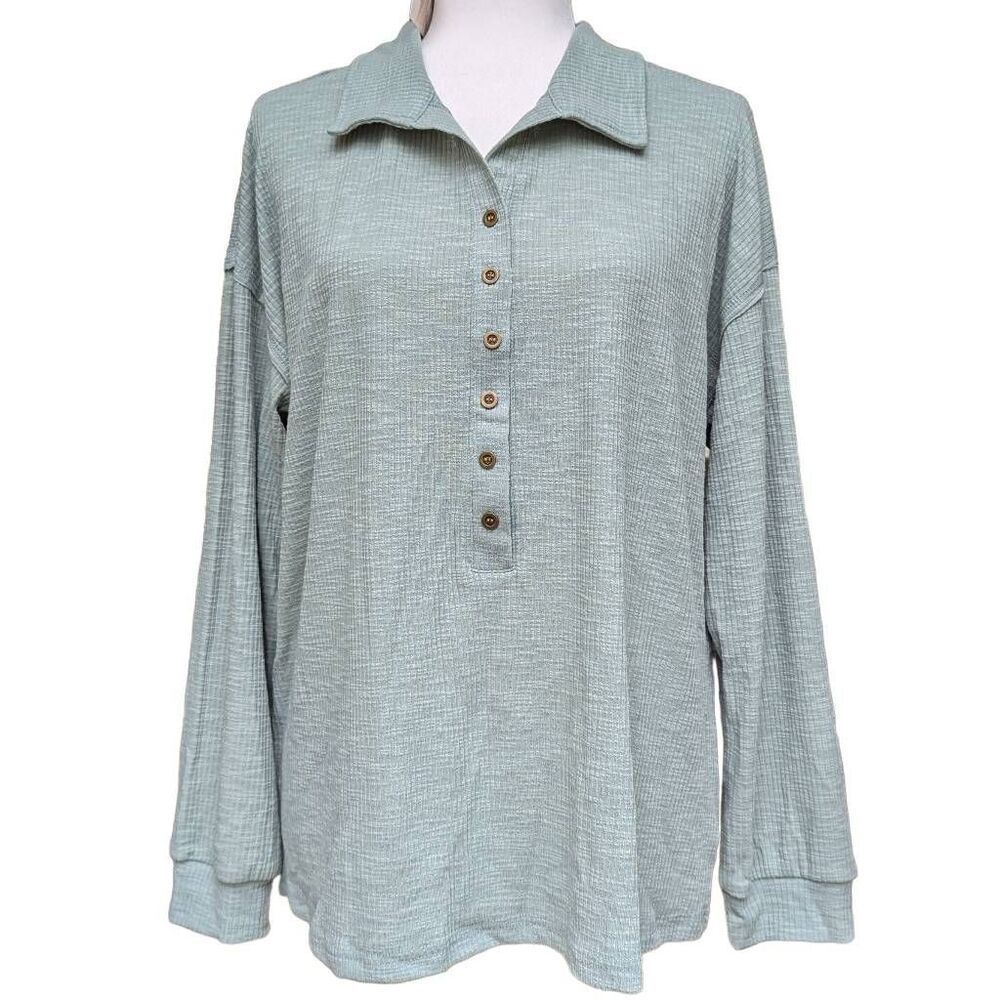 NEW Fashion Green Olive Half Button Down Blouse Collared Shirt Women Size Large